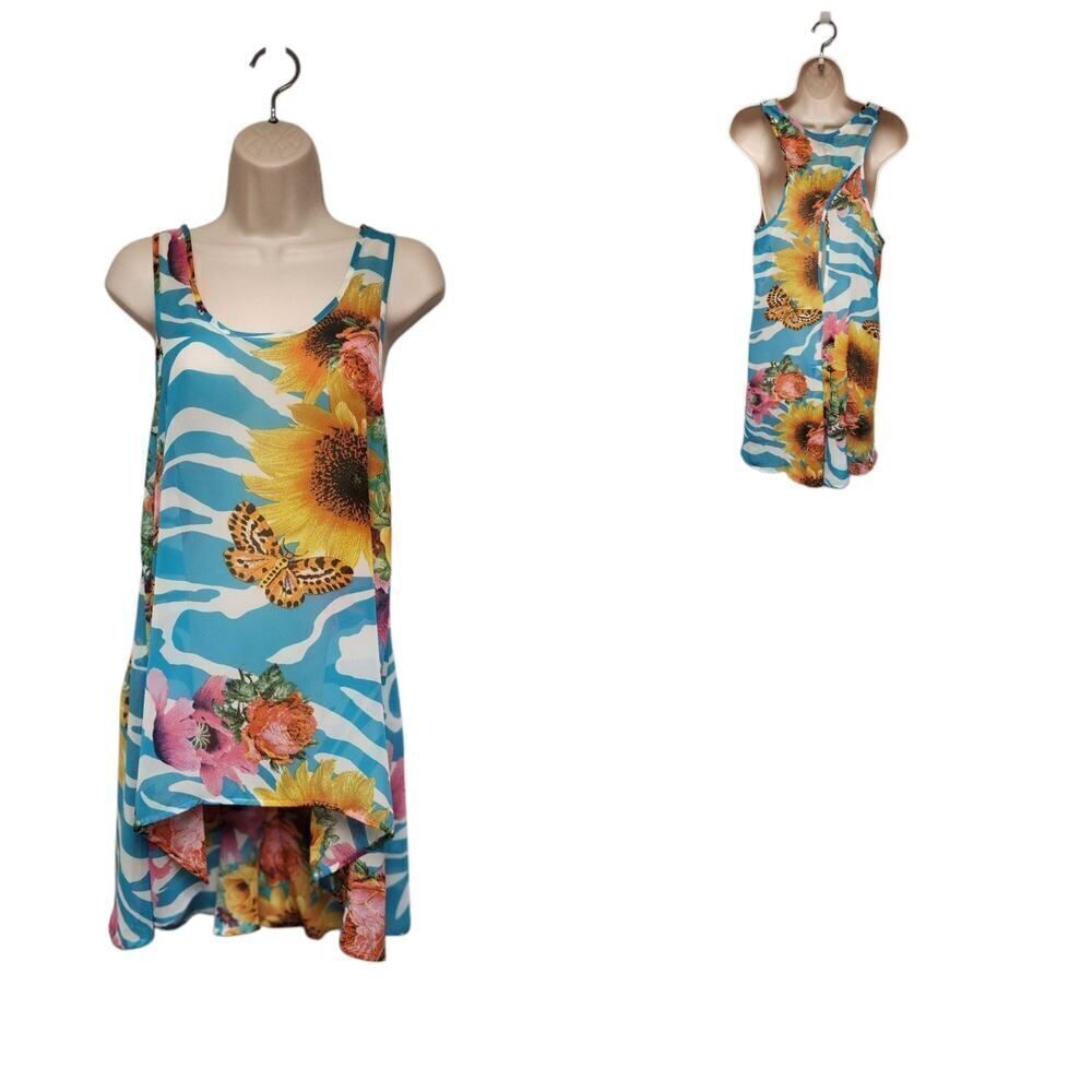 Kaktus Women's Round Neck Floral Print Sleeveless Sheer Lo-Hi Blouse Size XS